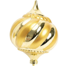 Christbaumschmuck in Zwiebelform mit Spiralmuster, goldfarben, glänzend.