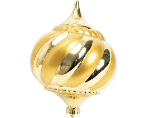 Christbaumschmuck in Zwiebelform mit Spiralmuster, goldfarben, glänzend.