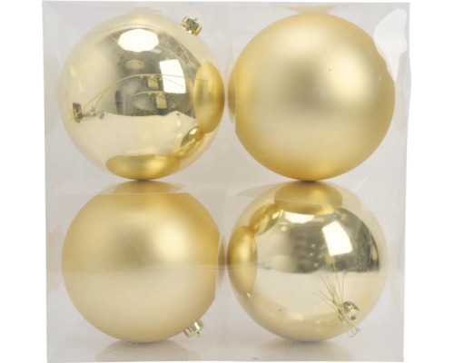 Vier goldene Weihnachtskugeln in glänzender und matter Ausführung in einer Packung.