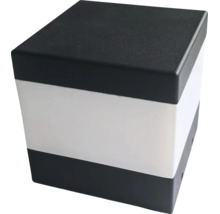 Würfelförmige Außenleuchte mit schwarzem Gehäuse und weißem Diffusor.