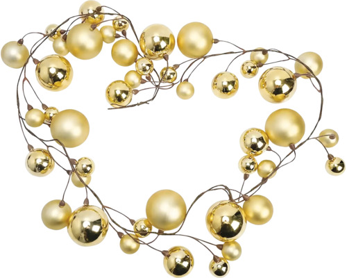 Goldene Girlande mit matten und glänzenden Kugeln in verschiedenen Größen an biegsamen Drahtzweigen.