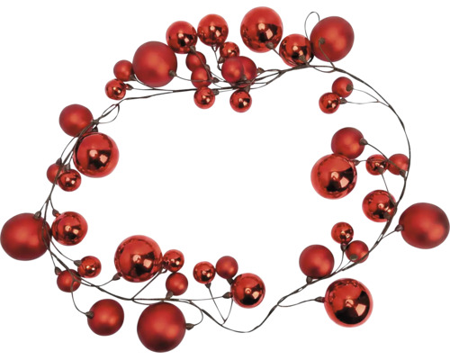 Girlande aus Draht mit roten Weihnachtskugeln in unterschiedlichen Größen mit matter und glänzender Oberfläche.