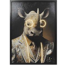 Gerahmtes Wandbild mit einem Nashorn im verzierten Anzug und leuchtender Brille, modernes Design.