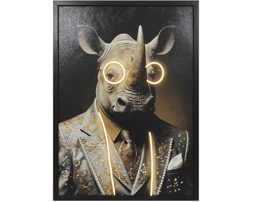 Gerahmtes Wandbild mit einem Nashorn im verzierten Anzug und leuchtender Brille, modernes Design.