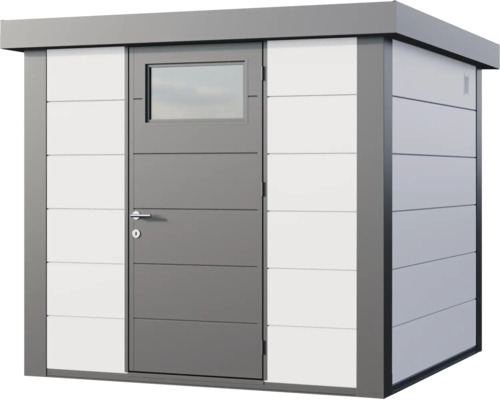 Modernes Gartenhaus aus Metall in Grau und Weiß mit Pultdach, Tür inklusive Fenster und horizontalem Paneel-Design.
