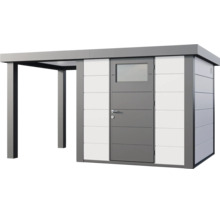 Modernes Gartenhaus aus Metall mit Flachdach, einer Tür mit Fenster und einem seitlichen Anbaudach.