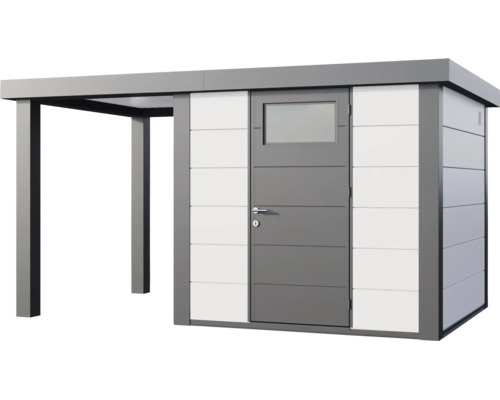 Modernes Gartenhaus aus Metall mit Flachdach, einer Tür mit Fenster und einem seitlichen Anbaudach.
