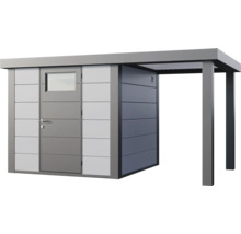 Modernes Gartenhaus aus Metall mit Anbaudach, Flachdach und Tür mit Fenster.