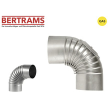Bertrams Abgasrohr-Bogen 90 Grad aus Metall für Gas, gerippt, mit Reinigungsöffnung. Bertrams Logo. Geeignet für Gas.