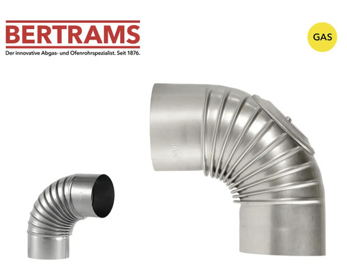 Bertrams Abgasrohr-Bogen 90 Grad aus Metall für Gas, gerippt, mit Reinigungsöffnung. Bertrams Logo. Geeignet für Gas.