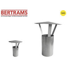 Bertrams Logo. Kaminaufsatz für Gasgeräte aus Metall mit zylindrischem Sockel und Schutzdach. Geeignet für Gas.