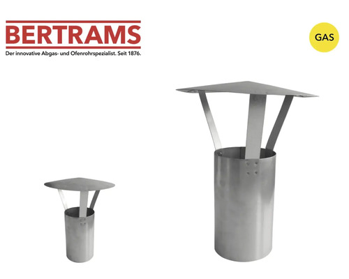 Bertrams Logo. Kaminaufsatz für Gasgeräte aus Metall mit zylindrischem Sockel und Schutzdach. Geeignet für Gas.
