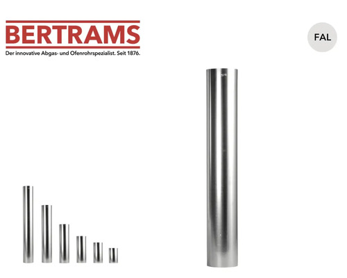 Bertrams Ofenrohr aus feueraluminiertem Stahlblech, gerade Form, in verschiedenen Längen erhältlich. Bertrams Logo.