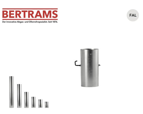 Bertrams Logo. Ofenrohre aus feueraluminiertem Stahlblech in verschiedenen Längen und ein Ofenrohr mit Drosselklappe.