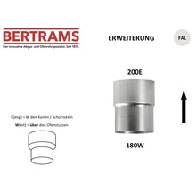 Bertrams Logo. Ofenrohr-Erweiterung von 180 Millimeter auf 200 Millimeter aus feuerveraluminiertem Stahlblech.