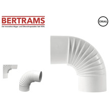 Bertrams Logo, emailliertes Ofenrohr-Knie, 90 Grad Bogen, gerippt, weiß.