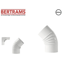 Weißer Bertrams Ofenrohrbogen aus emailliertem Stahl. Bertrams Logo. Symbol für Emaillierung.