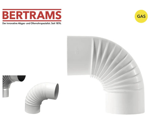 Bertrams Logo. Ofenrohrbogen für Gas, 90 Grad, geripptes Design. Geeignet für Gasanwendungen.