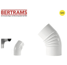 Bertrams Logo, Symbol für Eignung für Gas und ein weißer Abgasbogen für Gasgeräte.