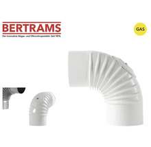 Bertrams Logo. Weißes Bertrams Gas-Abgasrohr-Knie 90 Grad mit Reinigungsöffnung. Geeignet für Gas.