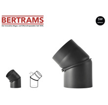 Bertrams Logo, schwarzer Ofenrohrbogen aus Stahl, verstellbar von 0 bis 45 Grad.
