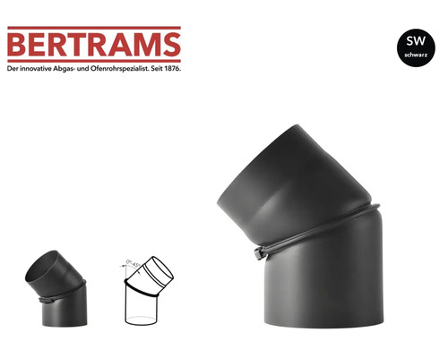 Bertrams Logo, schwarzer Ofenrohrbogen aus Stahl, verstellbar von 0 bis 45 Grad.