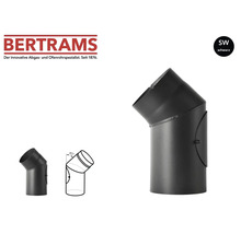 Bertrams Logo. Schwarzer Ofenrohrbogen mit 45 Grad Winkel und Reinigungsöffnung aus Stahl.