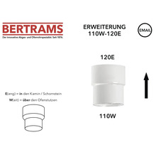 Bertrams Ofenrohr-Erweiterung von 110 Millimeter auf 120 Millimeter, weiß, emailliert, mit Bertrams Logo.