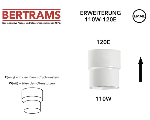 Bertrams Ofenrohr-Erweiterung von 110 Millimeter auf 120 Millimeter, weiß, emailliert, mit Bertrams Logo.