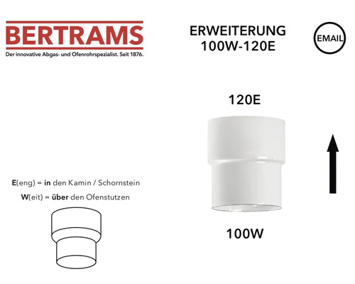 Bertrams Logo, Ofenrohr-Erweiterung von 100 Millimeter auf 120 Millimeter, emailliert.