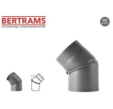 Verstellbares Ofenrohr-Knie von Bertrams, Winkel von null bis 45 Grad einstellbar, gussgrau. Bertrams Logo.