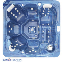 Draufsicht auf einen blau marmorierten quadratischen Whirlpool mit Massagedüsen, Kopfstützen und Bedienfeld. Santechnik International Logo.