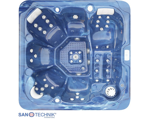 Draufsicht auf einen blau marmorierten quadratischen Whirlpool mit Massagedüsen, Kopfstützen und Bedienfeld. Santechnik International Logo.