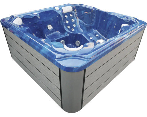 Quadratischer Außenwhirlpool mit grauer Verkleidung, blauer Acrylwanne, Massagedüsen und Kopfstützen.