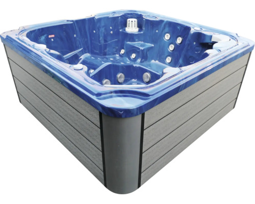Quadratischer Außenwhirlpool mit blauer Wanne, grauer Außenverkleidung und integrierten Massagedüsen.