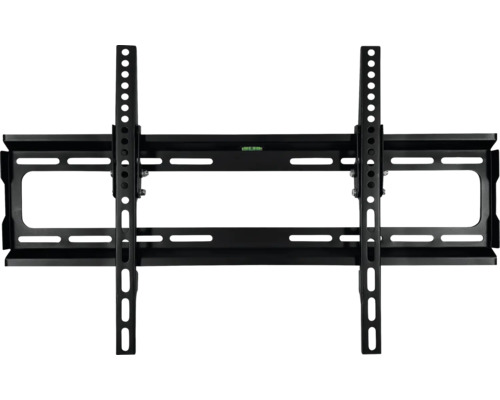 Schwarze TV-Wandhalterung aus Metall mit integrierter Wasserwaage und verstellbaren Schienen.
