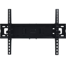 Schwarze TV Wandhalterung aus Metall mit einer horizontalen Platte und zwei vertikalen Montageschienen.