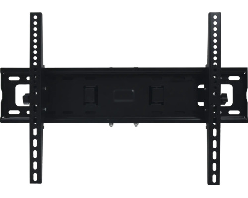 Schwarze TV Wandhalterung aus Metall mit einer horizontalen Platte und zwei vertikalen Montageschienen.