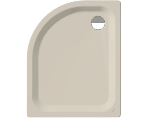 Viertelkreis-Duschwanne in Beige mit kreisförmigem Ablaufloch.