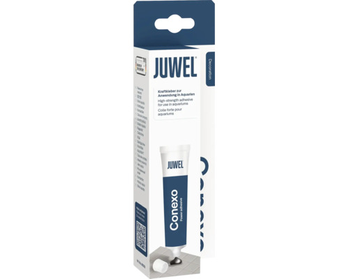 JUWEL Conexo Kraftkleber zur Anwendung in Aquarien, Verpackung und Klebstofftube.