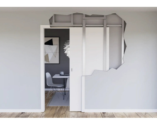 Einbauelement für Schiebetüren in einer Trockenbauwand mit sichtbarem Metallrahmen und weißem Türblatt.