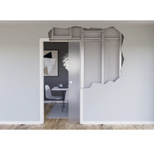 Einbauelement für eine Glasschiebetür in einer Trockenbauwand mit Metallprofilen, satiniertes Glas, moderner Einrichtungsstil mit Holzboden.