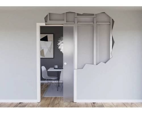 Einbauelement für eine Glasschiebetür in einer Trockenbauwand mit Metallprofilen, satiniertes Glas, moderner Einrichtungsstil mit Holzboden.