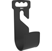 Schwarze for.q Wandhalterung aus Kunststoff für Gartenschläuche oder Geräte mit Griff, Haken und for.q Logo.