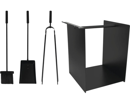 Schwarzes Kaminbesteck-Set aus Metall bestehend aus Besen, Schaufel, Zange und Kaminholzregal.