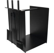Kaminbesteck-Set mit Holzregal aus schwarzem Metall, inklusive Schaufel, Zange und Besen.