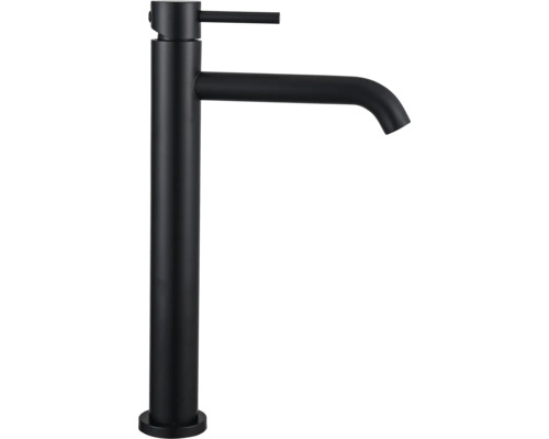Hohe Einhebel-Waschtischarmatur in Schwarz matt für Aufsatzwaschbecken.