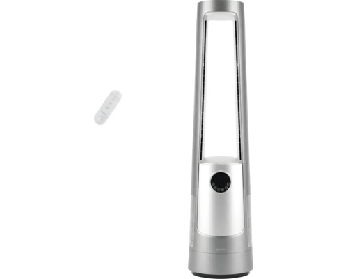 Silberner BE COOL rotorloser Turmventilator mit Fernbedienung und digitalem Display.