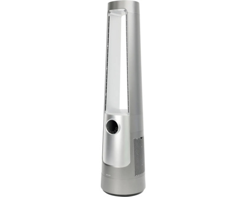 Silberner blattloser Turmventilator von BE COOL mit digitalem Display und integriertem Luftfilter.