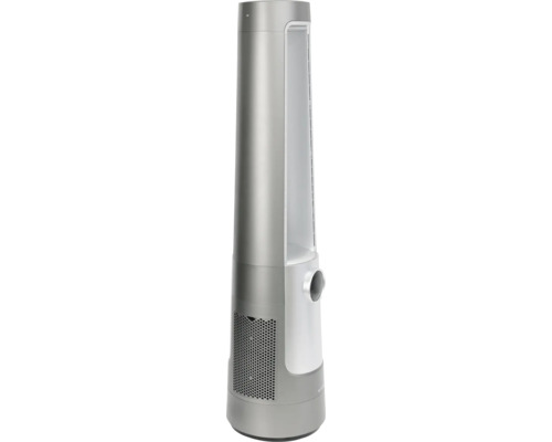 Moderner Turmventilator in Silber mit integriertem Display und Lüftungsschlitzen.